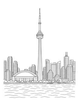 A Toronto cityscape coloring page showing the CN Tower and waterfront skyline across gentle waves.