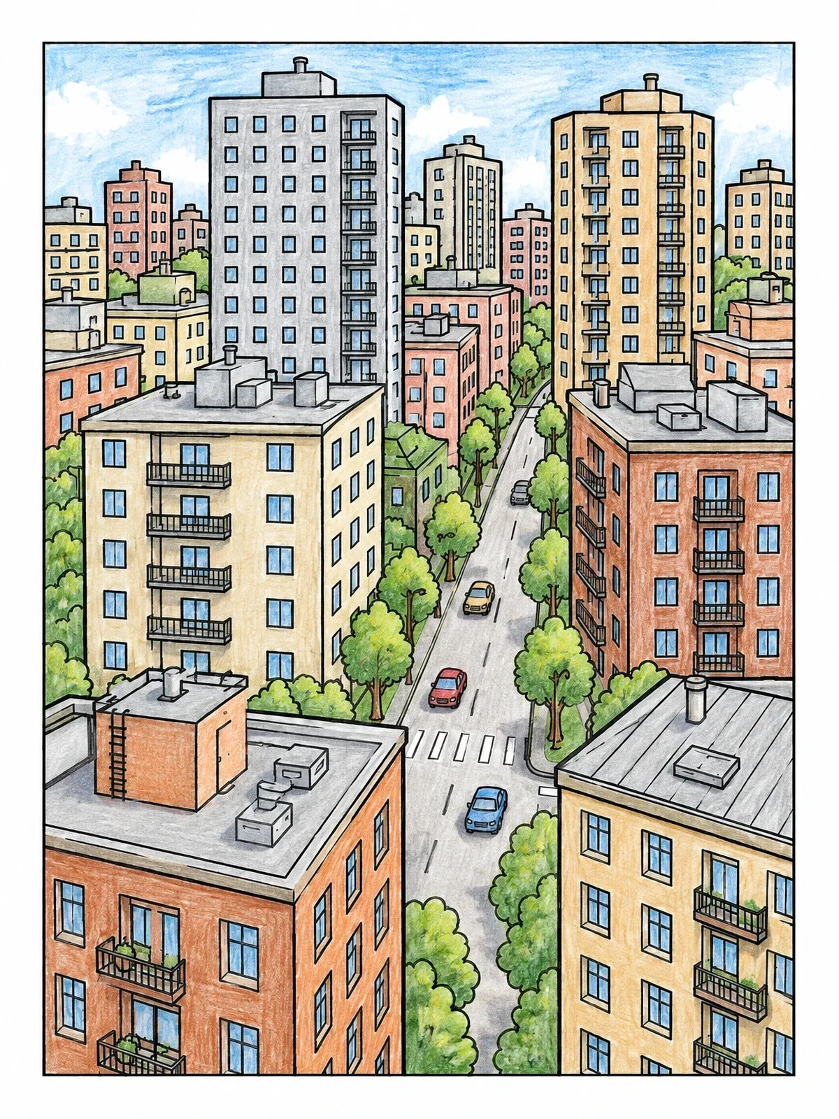 Colored example of the Busy Urban Street And Apartment Buildings coloring page