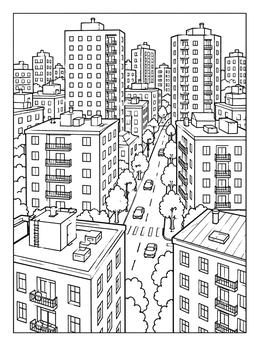 Free printable Busy Urban Street And Apartment Buildings coloring page