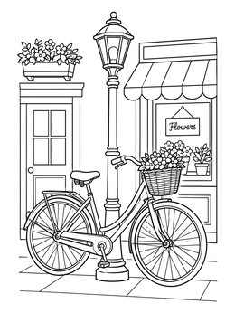 A vintage bicycle parked by a street lamp outside a shop in this cityscape coloring page.