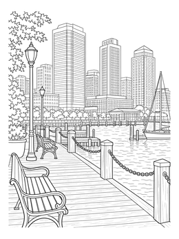 Wooden waterfront promenade with benches facing skyscrapers in this cityscape coloring page.