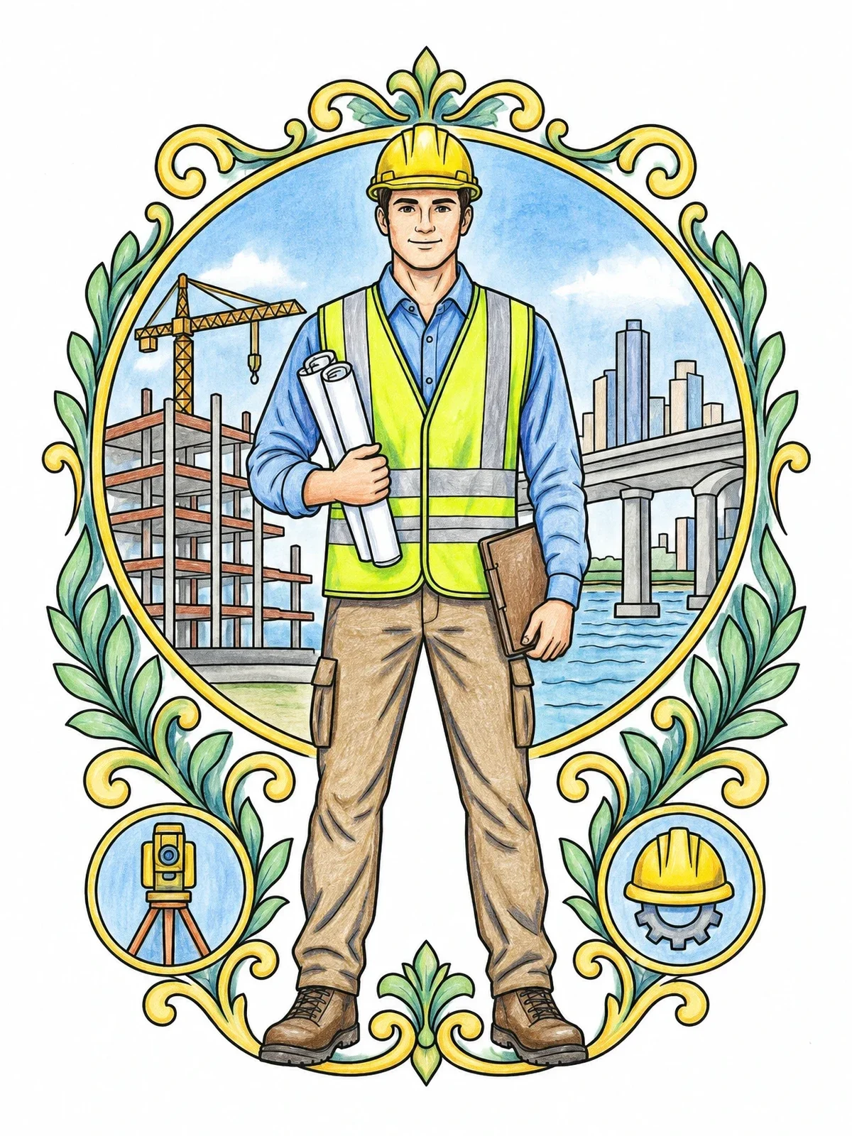Colored example of the Civil Engineer On Construction Site coloring page