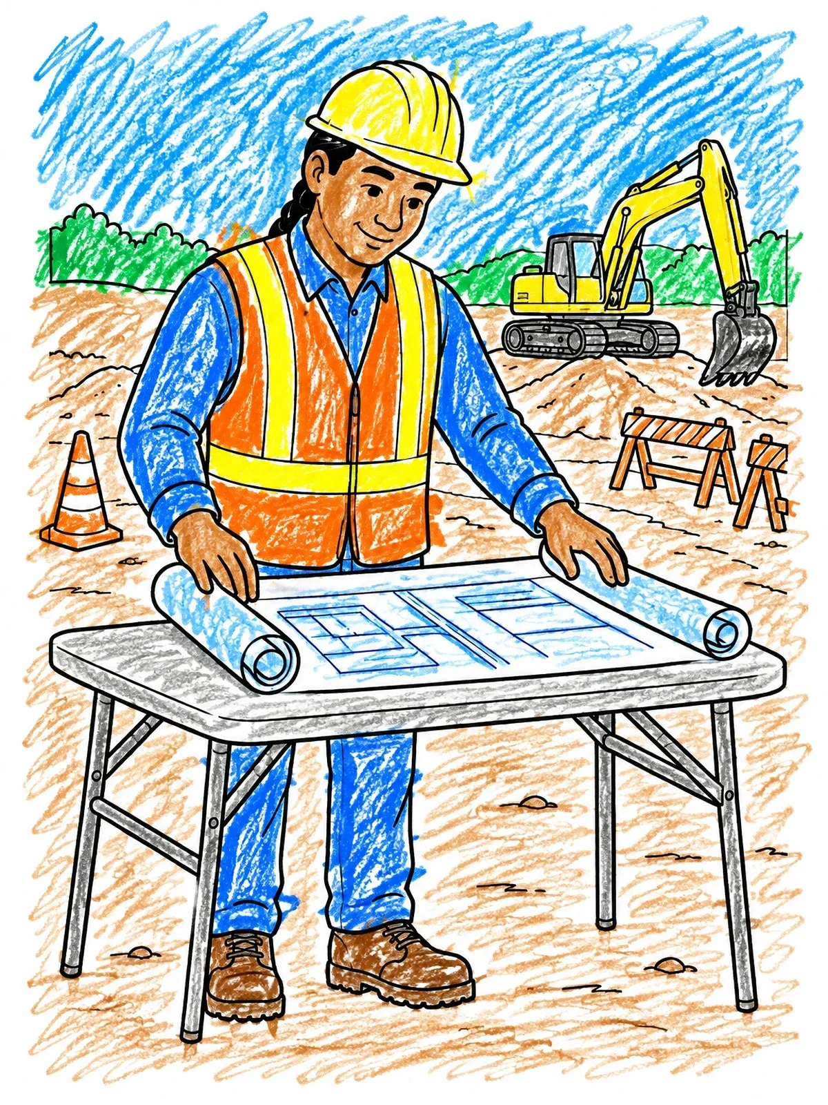 Colored example of the Civil Engineer Reviewing Blueprints On Site coloring page