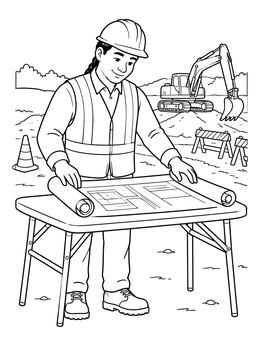 Free printable Civil Engineer Reviewing Blueprints On Site coloring page