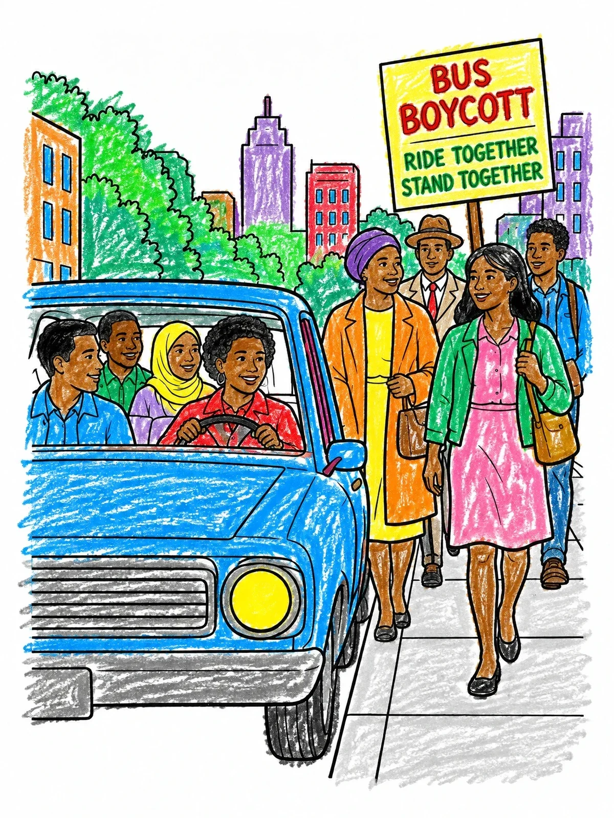 Colored example of the Bus Boycott Carpool And Walkers coloring page