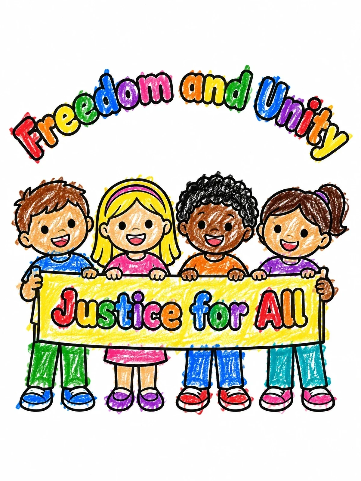 Colored example of the Children Holding Justice For All Banner coloring page