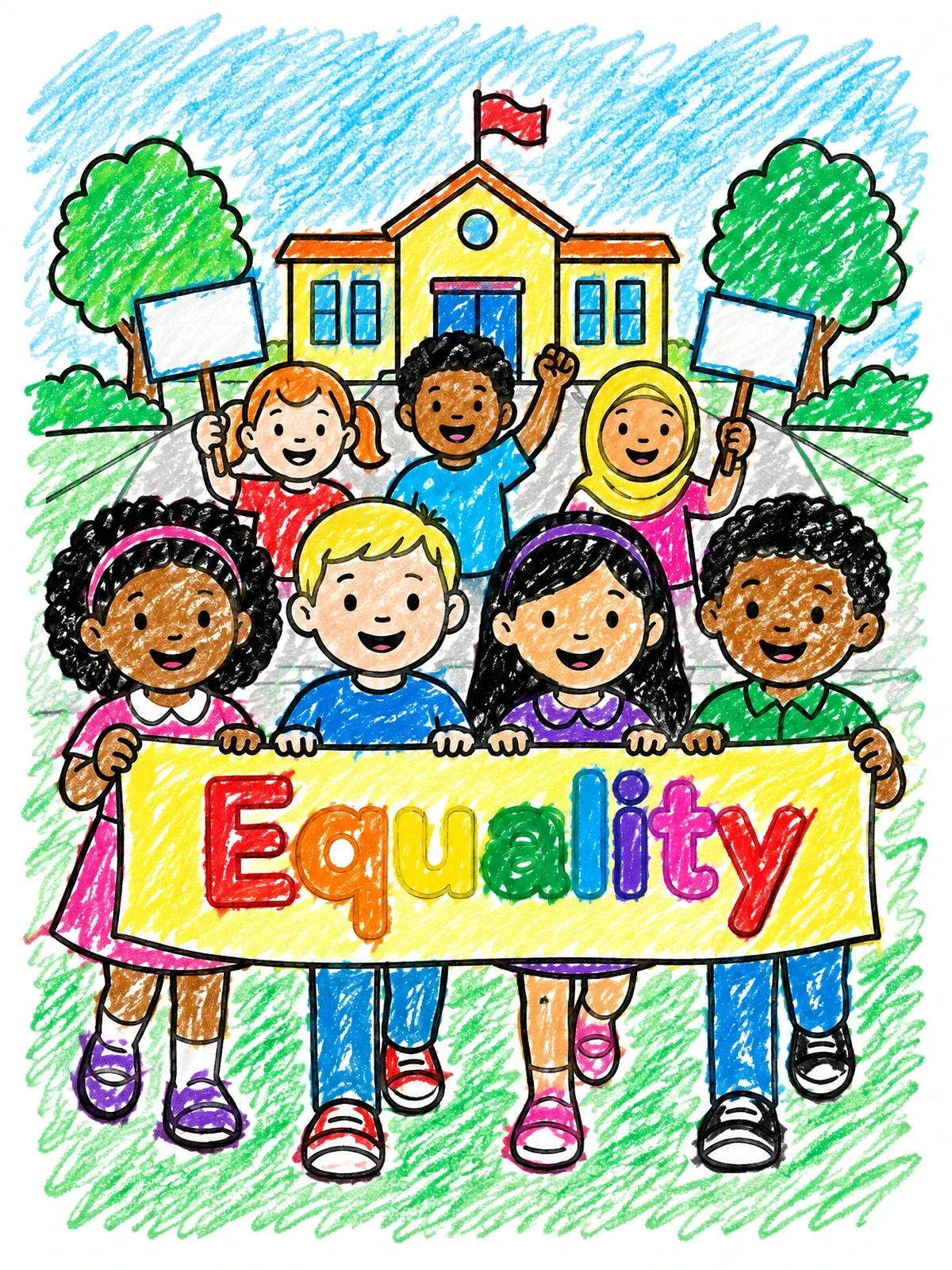 Colored example of the Children Marching For Equality coloring page