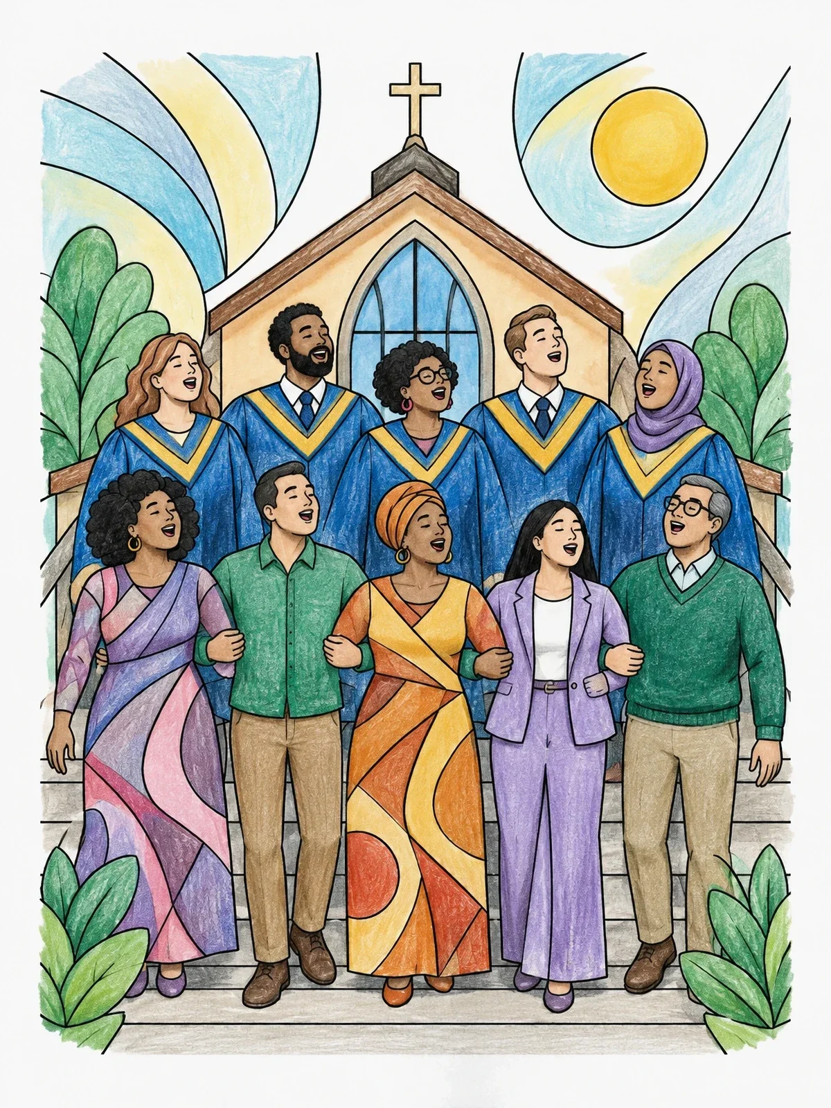 Colored example of the Community Choir Singing Together coloring page