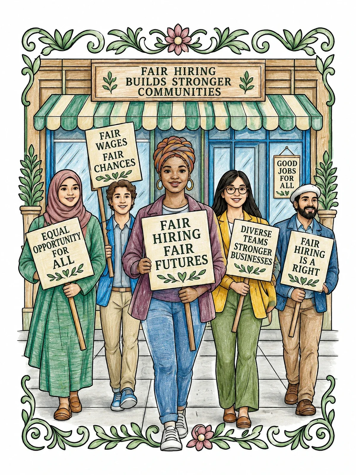 Colored example of the Fair Hiring Rights Demonstration coloring page