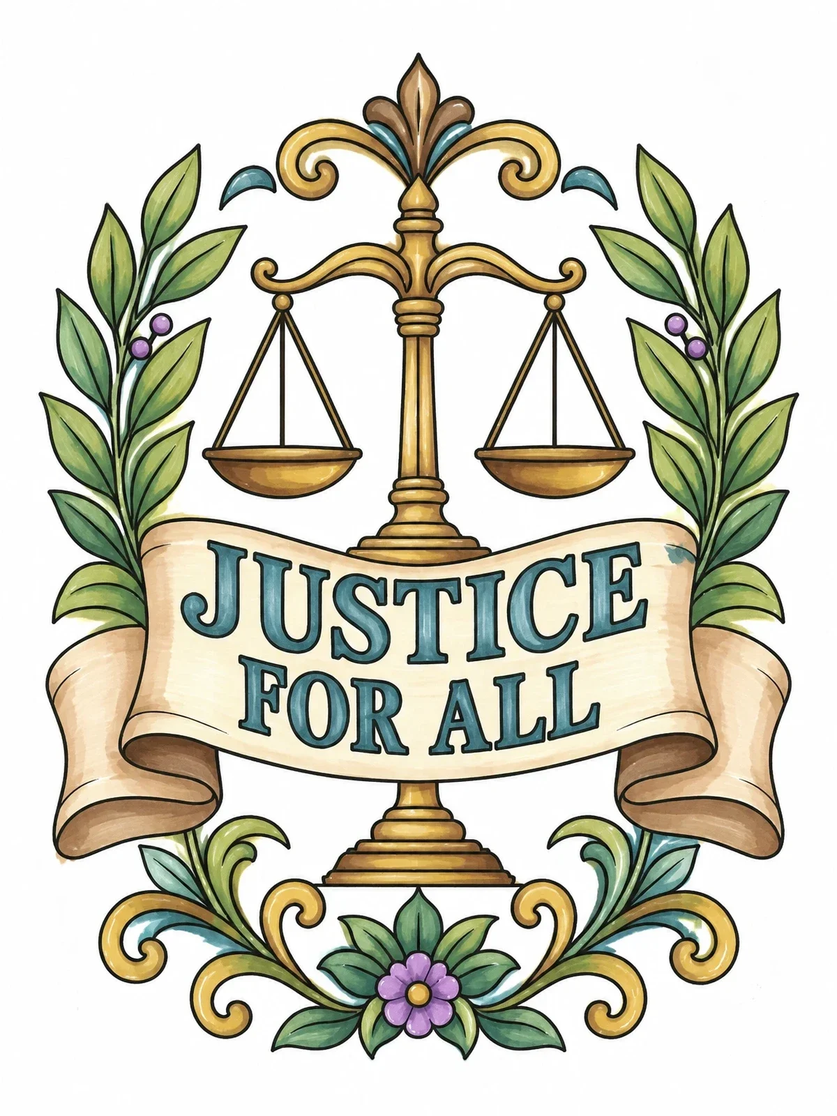 Colored example of the Justice For All Scales Emblem coloring page