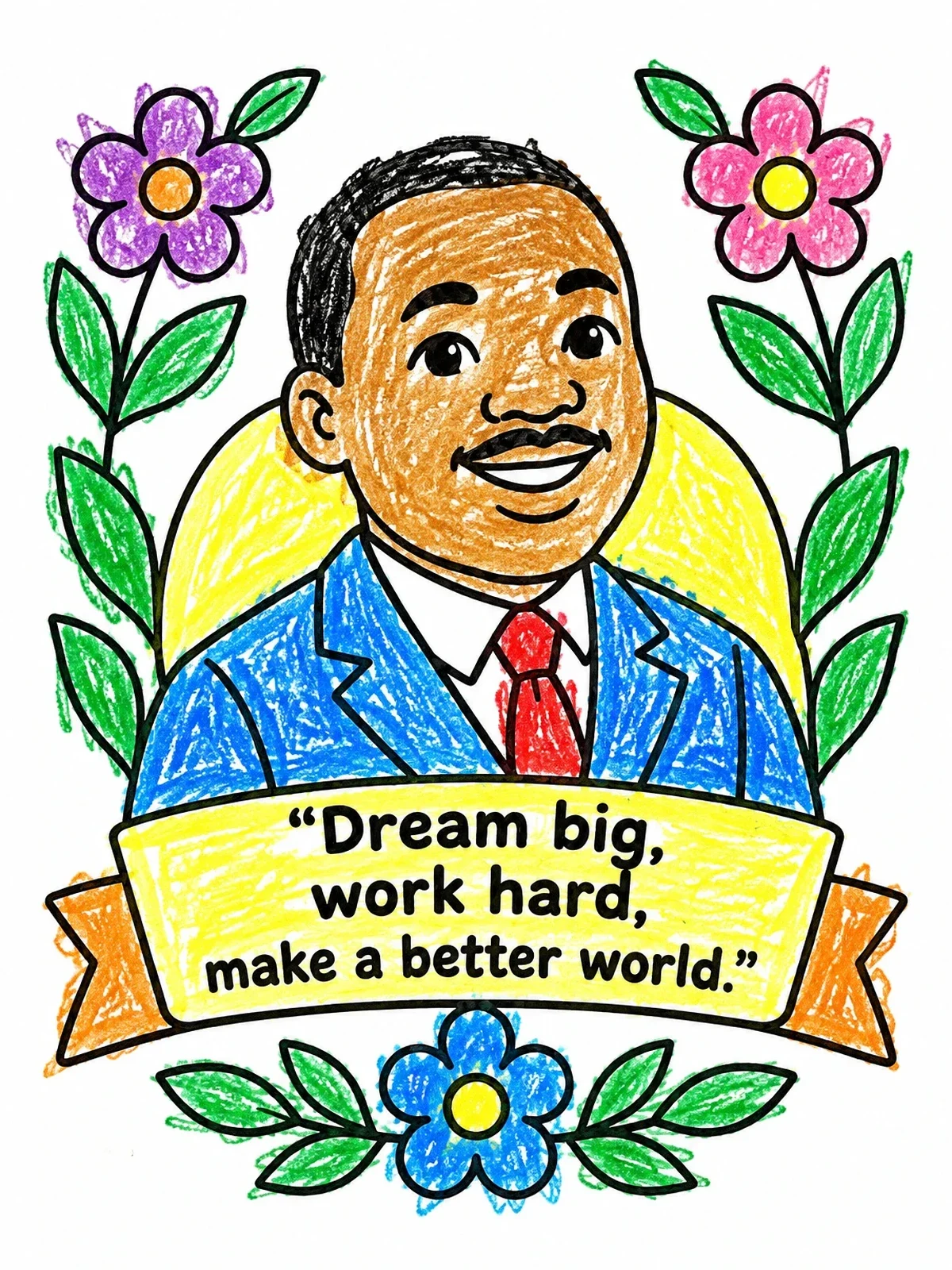 Colored example of the Martin Luther King Jr. With Floral Border coloring page