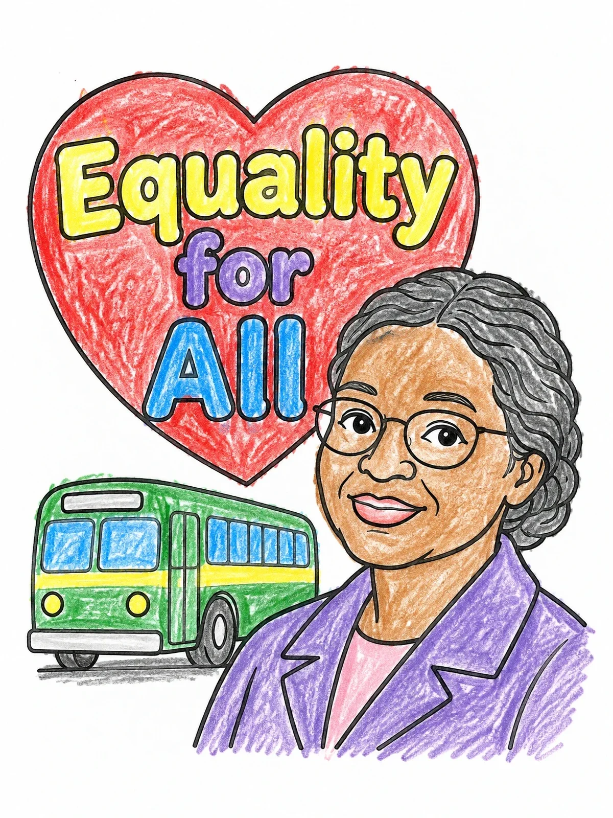 Colored example of the Rosa Parks Equality For All coloring page