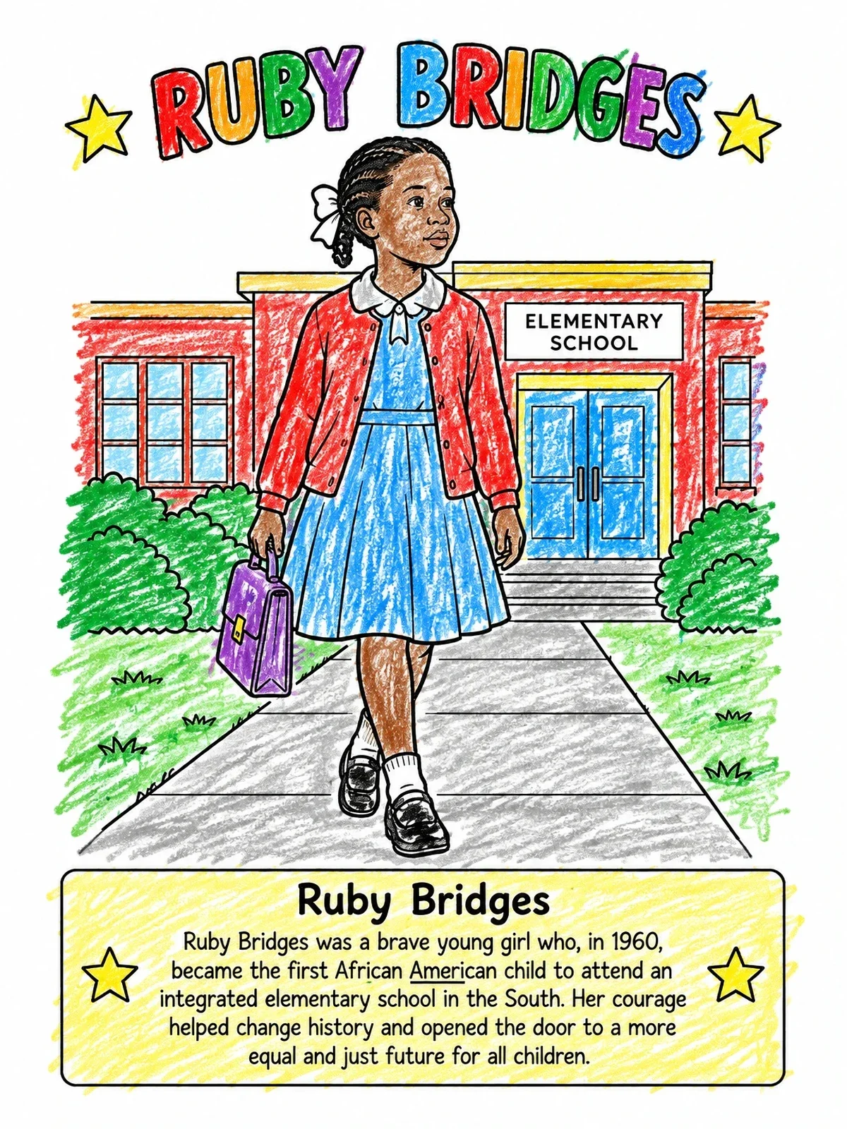 Colored example of the Ruby Bridges Walking To School coloring page