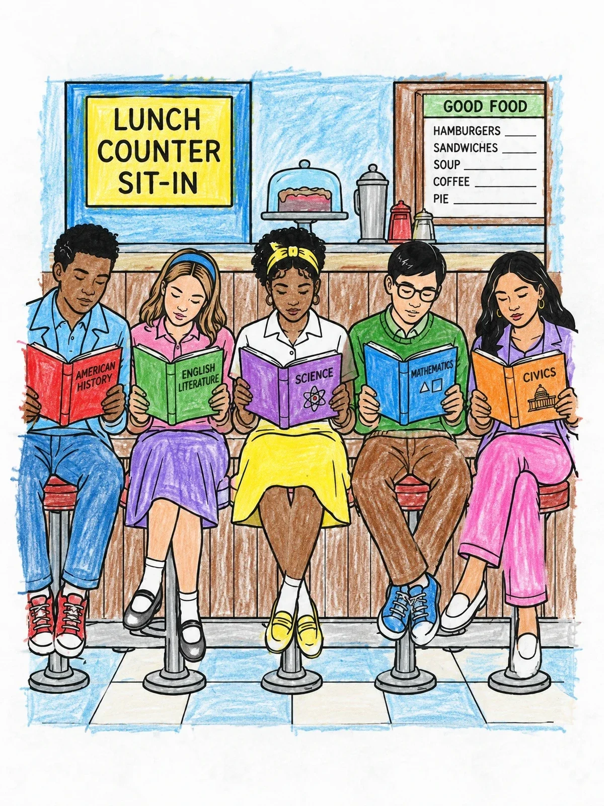 Colored example of the Students Lunch Counter Sit In coloring page