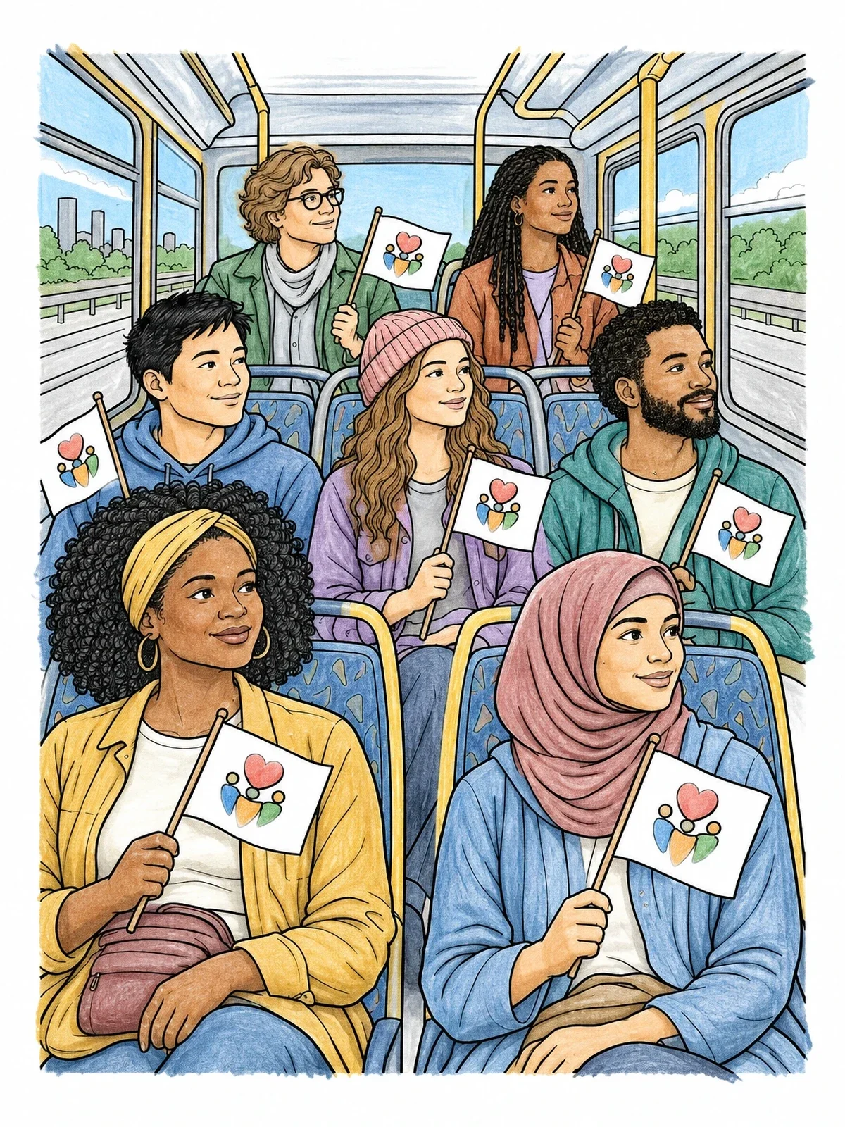 Colored example of the Unity Riders On The Bus coloring page