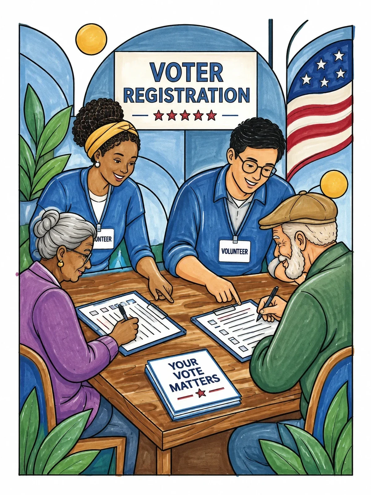 Colored example of the Community Voter Registration Drive coloring page