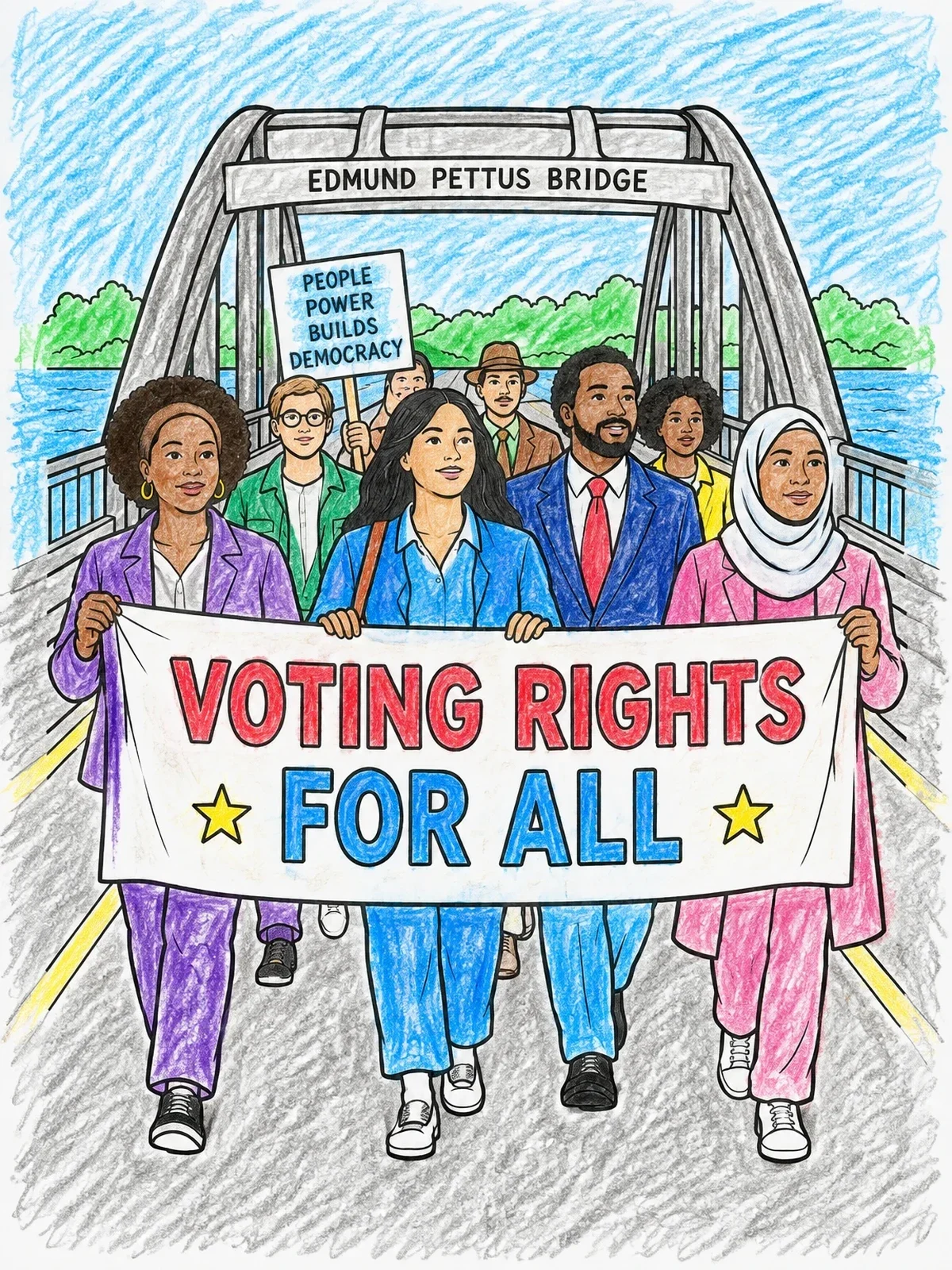 Colored example of the Voting Rights March Across Bridge coloring page