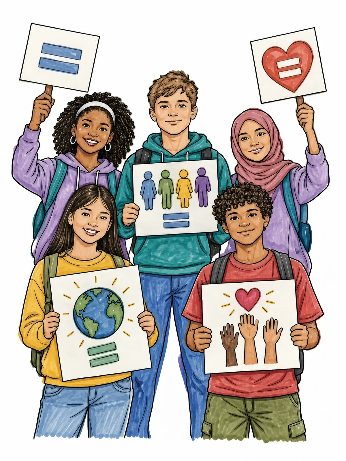 Colored example of the Youth Marching For Equality And Peace coloring page