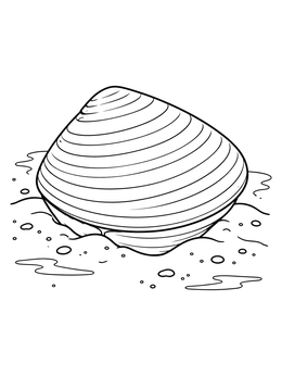 A detailed clam coloring page showing a striped shell resting in wet tidal sand.
