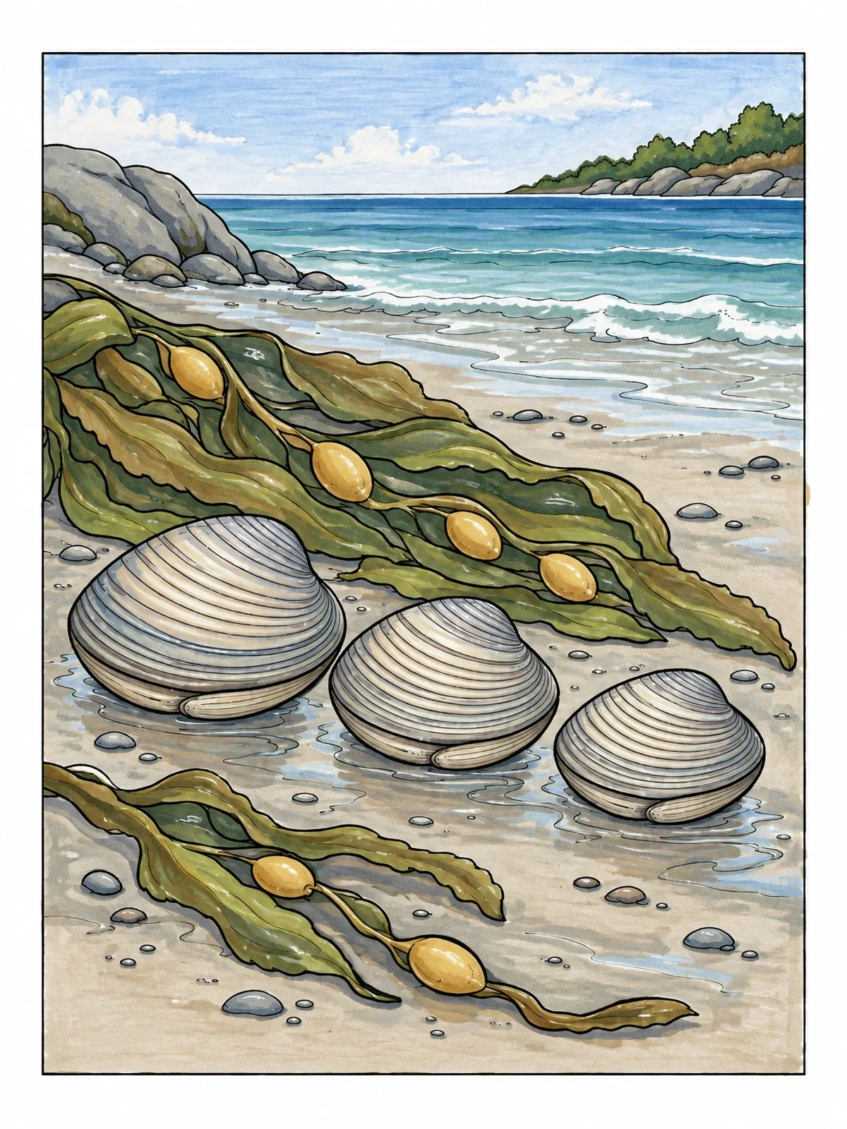 Colored example of the Clam Shells On The Shore coloring page