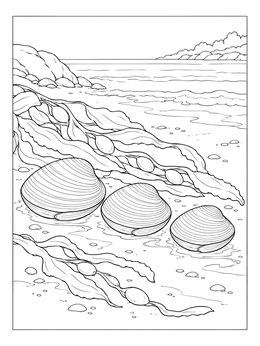 Three detailed clams resting on a sandy beach next to kelp in this clam coloring page.