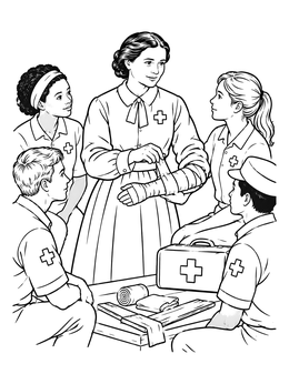 Historical clara barton coloring page showing first aid instruction with young volunteers.