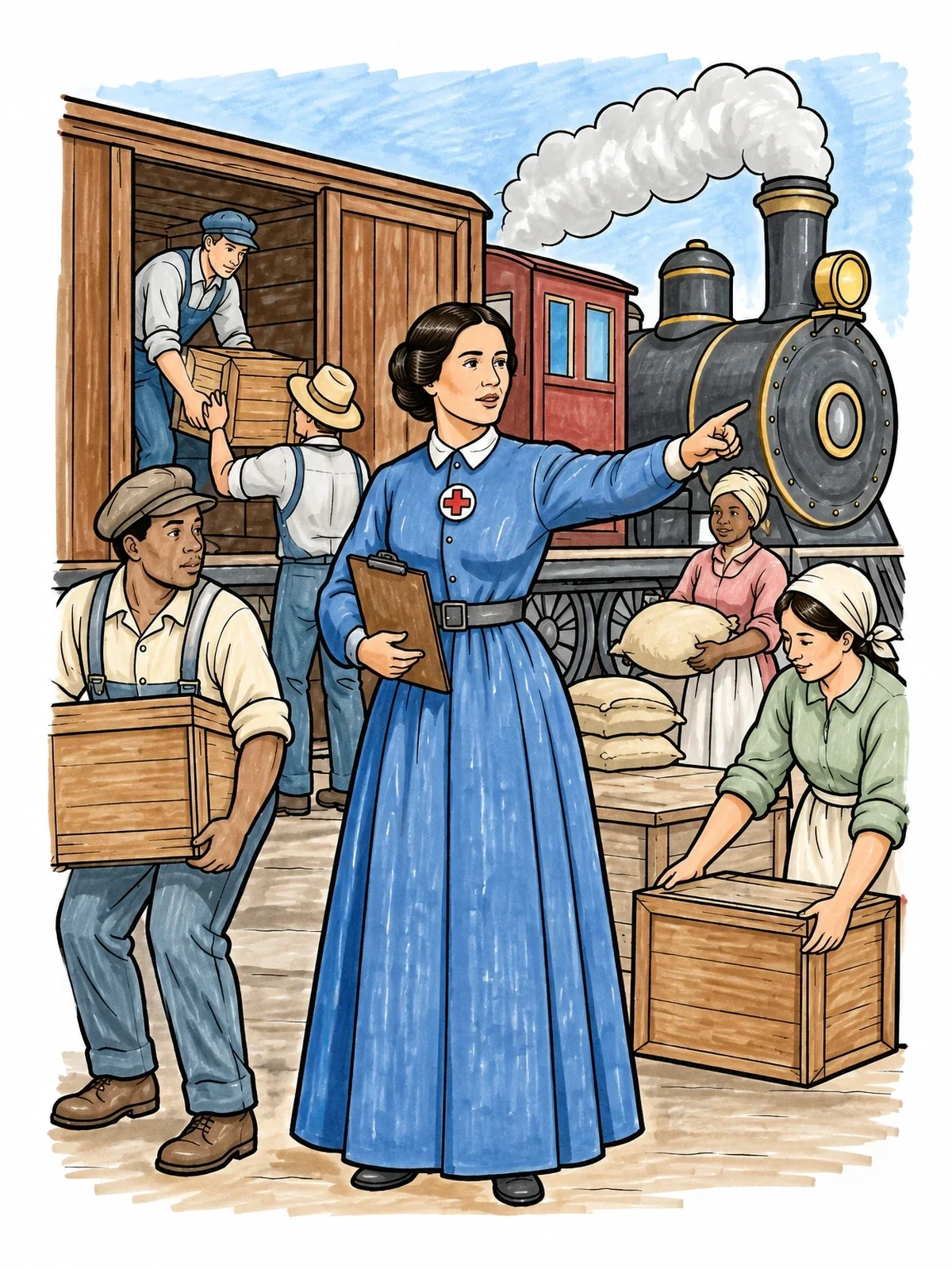 Colored example of the Clara Barton Directing Relief Supplies coloring page