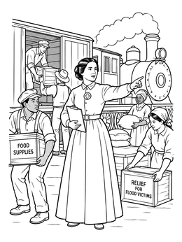 A detailed clara barton coloring page showing volunteers loading relief crates near a steam train.