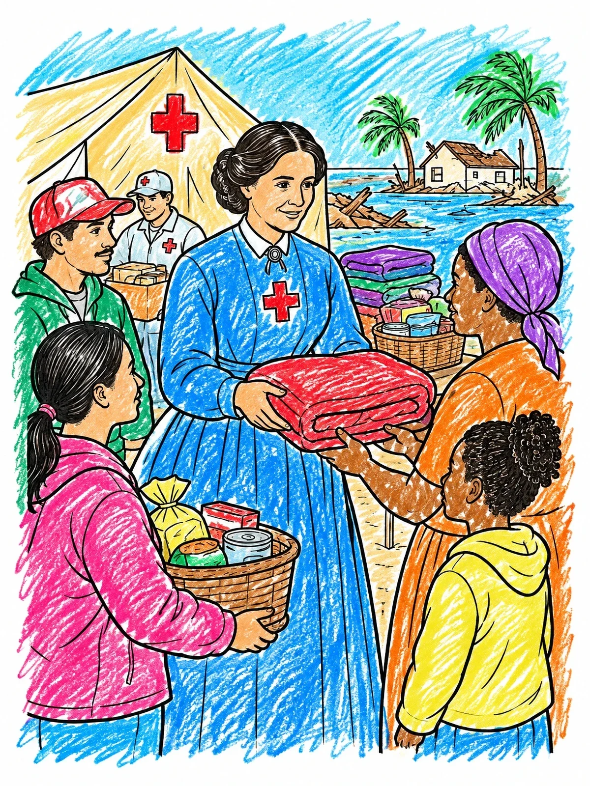 Colored example of the Clara Barton Distributing Relief Supplies coloring page