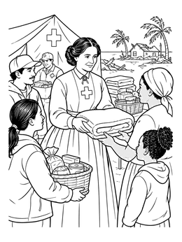 A detailed clara barton coloring page showing the Red Cross founder handing out supplies to families.