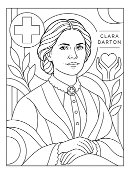 A detailed Clara Barton coloring page featuring the Red Cross founder with decorative motifs.