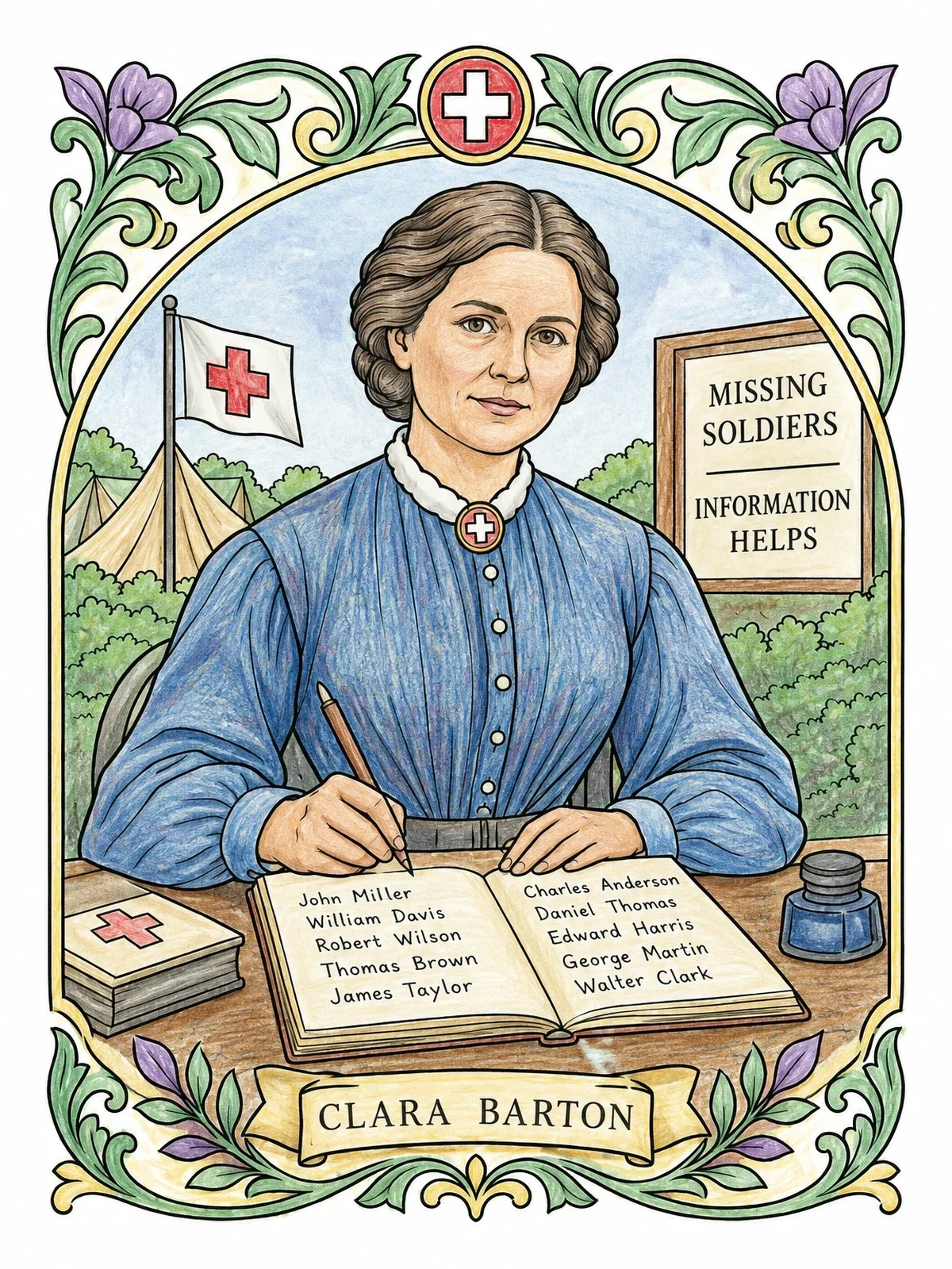 Colored example of the Clara Barton Missing Soldiers Office coloring page