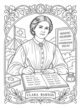 Detailed Clara Barton coloring page showing her recording names of missing soldiers in an open book.