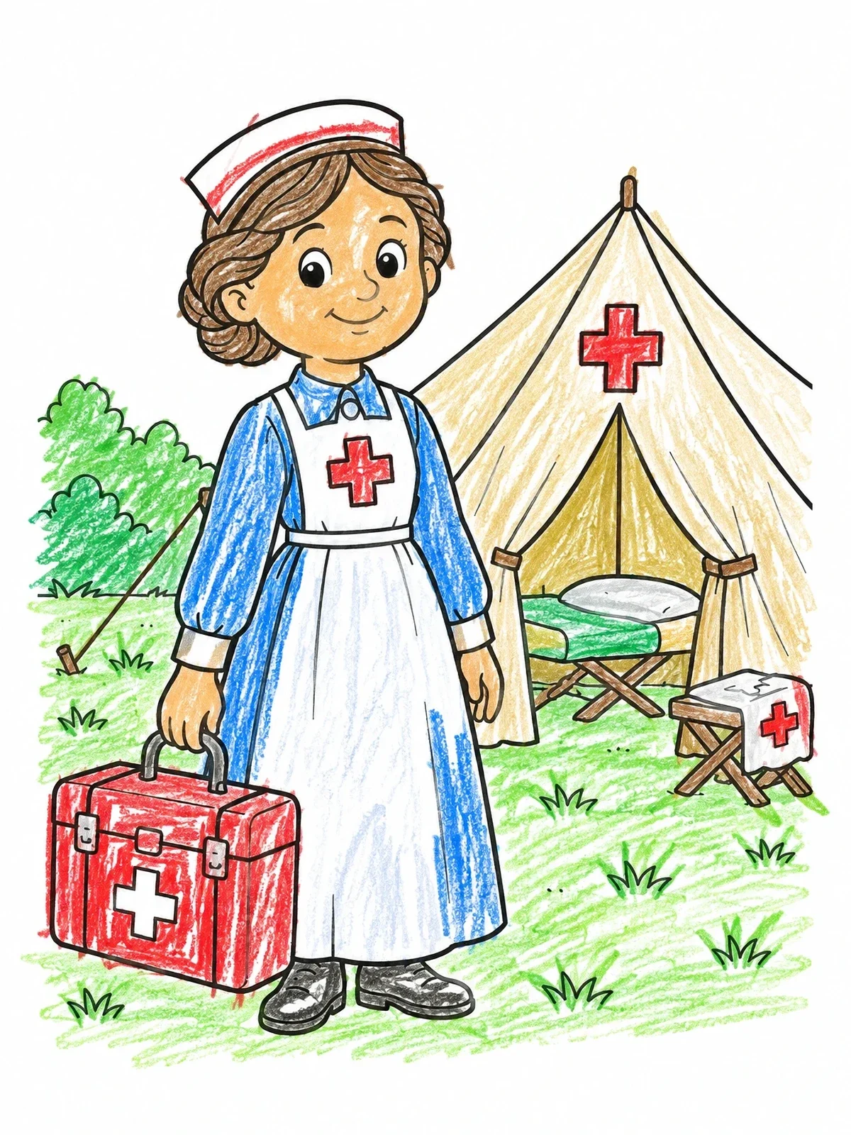 Colored example of the Cartoon Clara Barton With First Aid Kit coloring page
