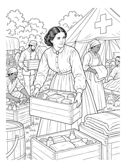 Clara barton coloring page showing the nurse carrying supply crates outside a field hospital tent.
