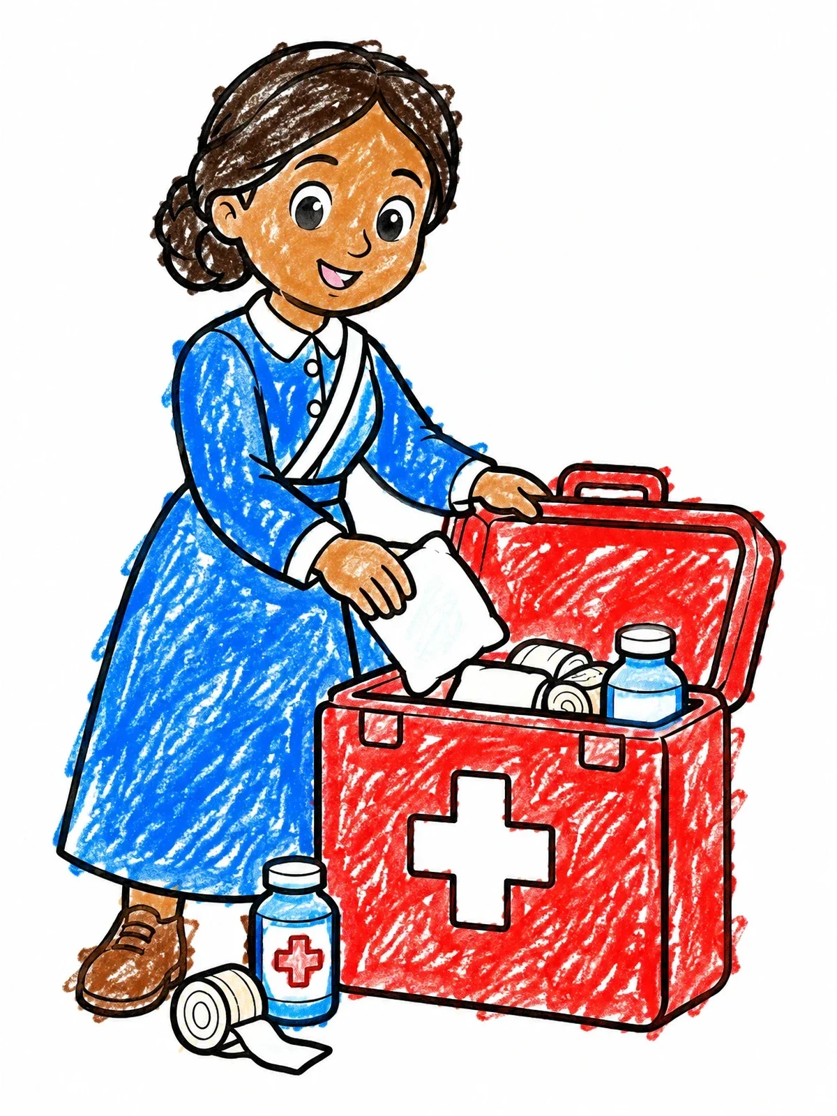 Colored example of the Clara Barton Packing First Aid Kit coloring page