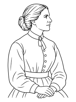 Side profile of Clara Barton coloring page wearing a Victorian dress with her hair neatly tied back.
