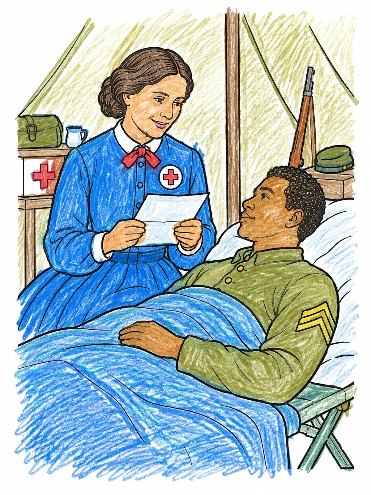 Colored example of the Clara Barton Reading To Soldier coloring page