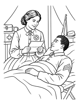 This clara barton coloring page shows the nurse reading a letter to a convalescent soldier on a cot.