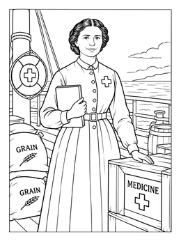 A detailed clara barton coloring page showing the Red Cross founder aboard a ship with grain and medicine crates.