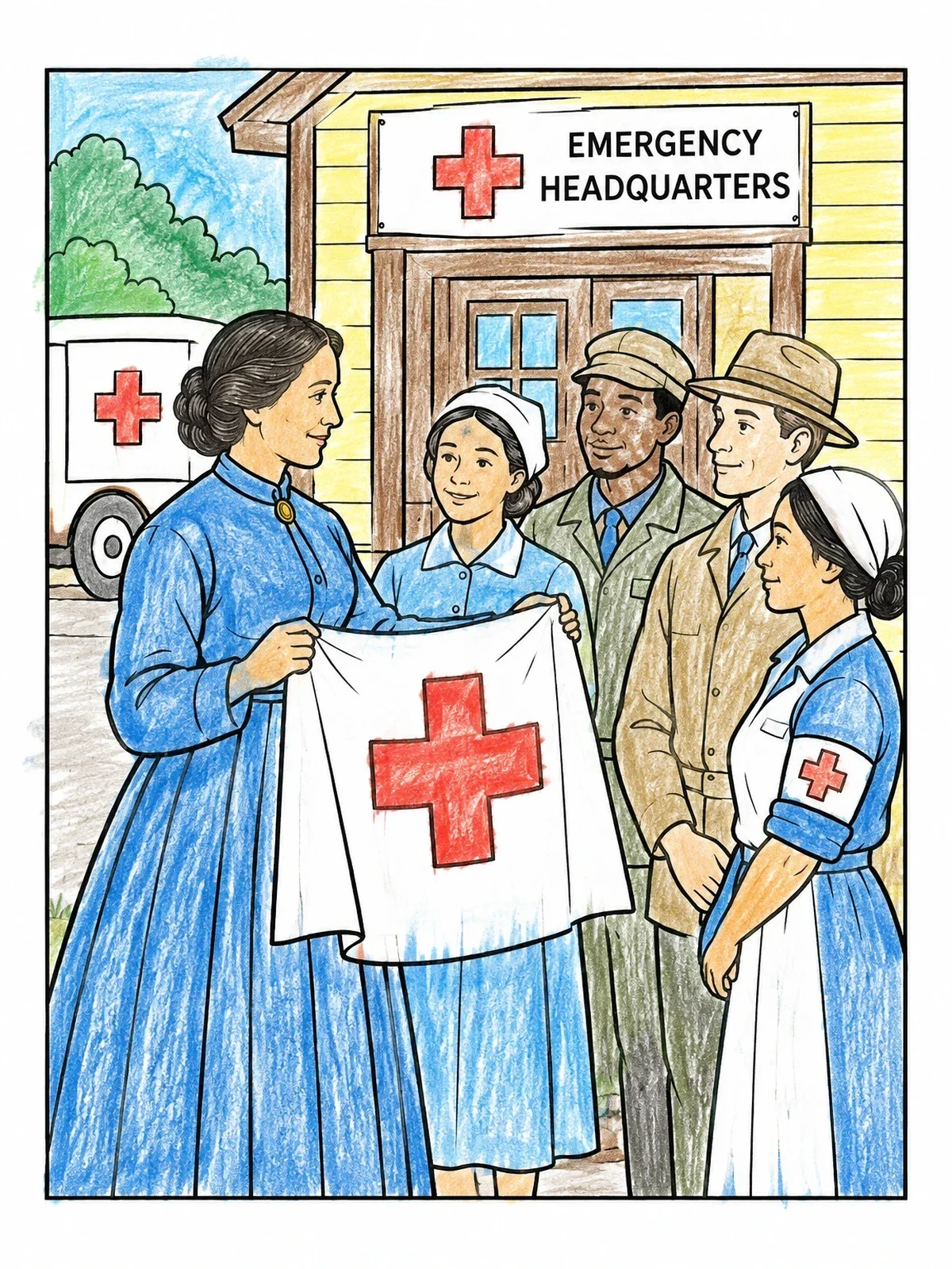 Colored example of the Clara Barton With Relief Volunteers coloring page