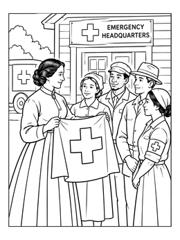 Historical clara barton coloring page showing Clara presenting a Red Cross banner to volunteers.