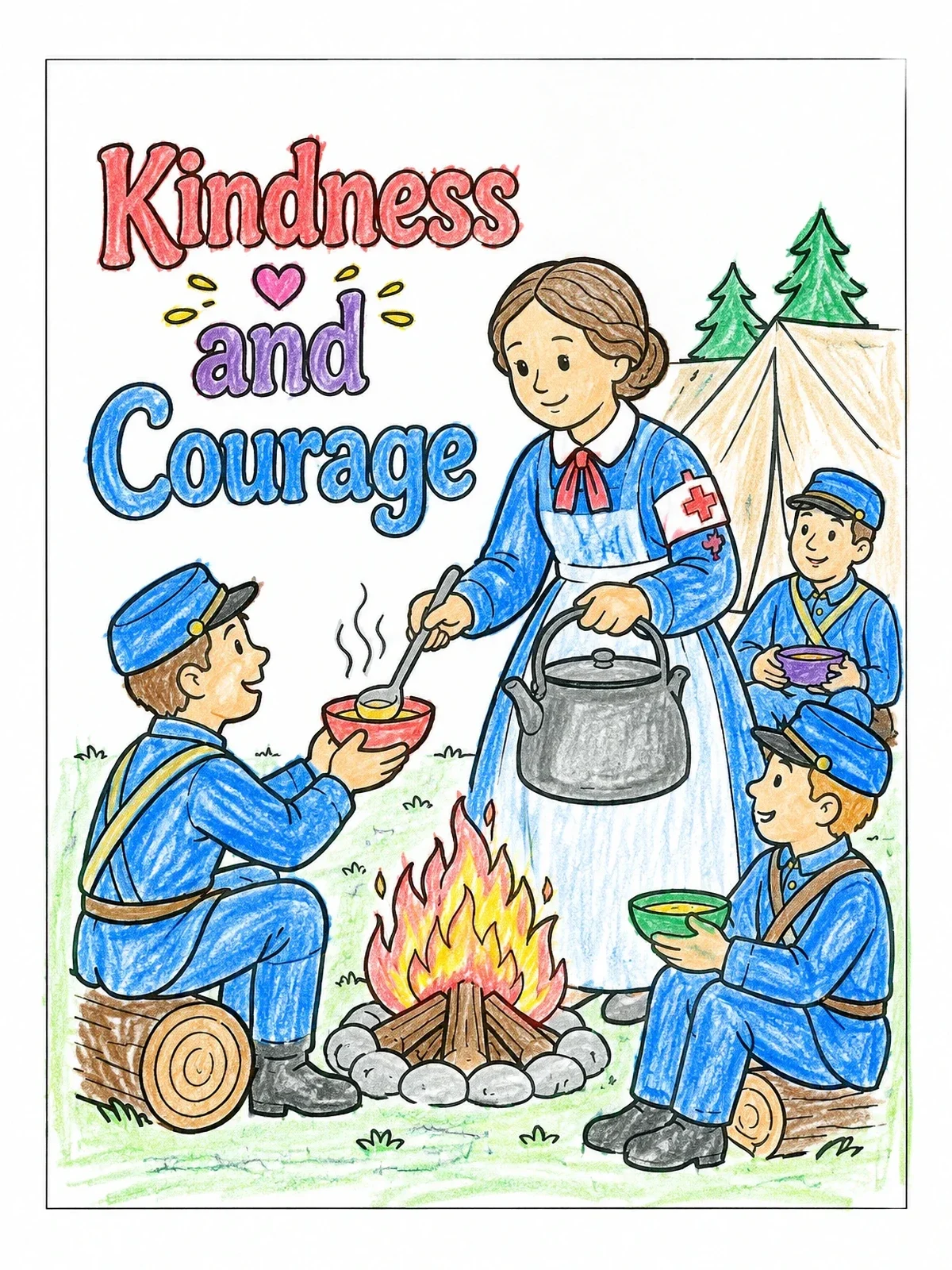 Colored example of the Clara Barton Serving Camp Soldiers coloring page