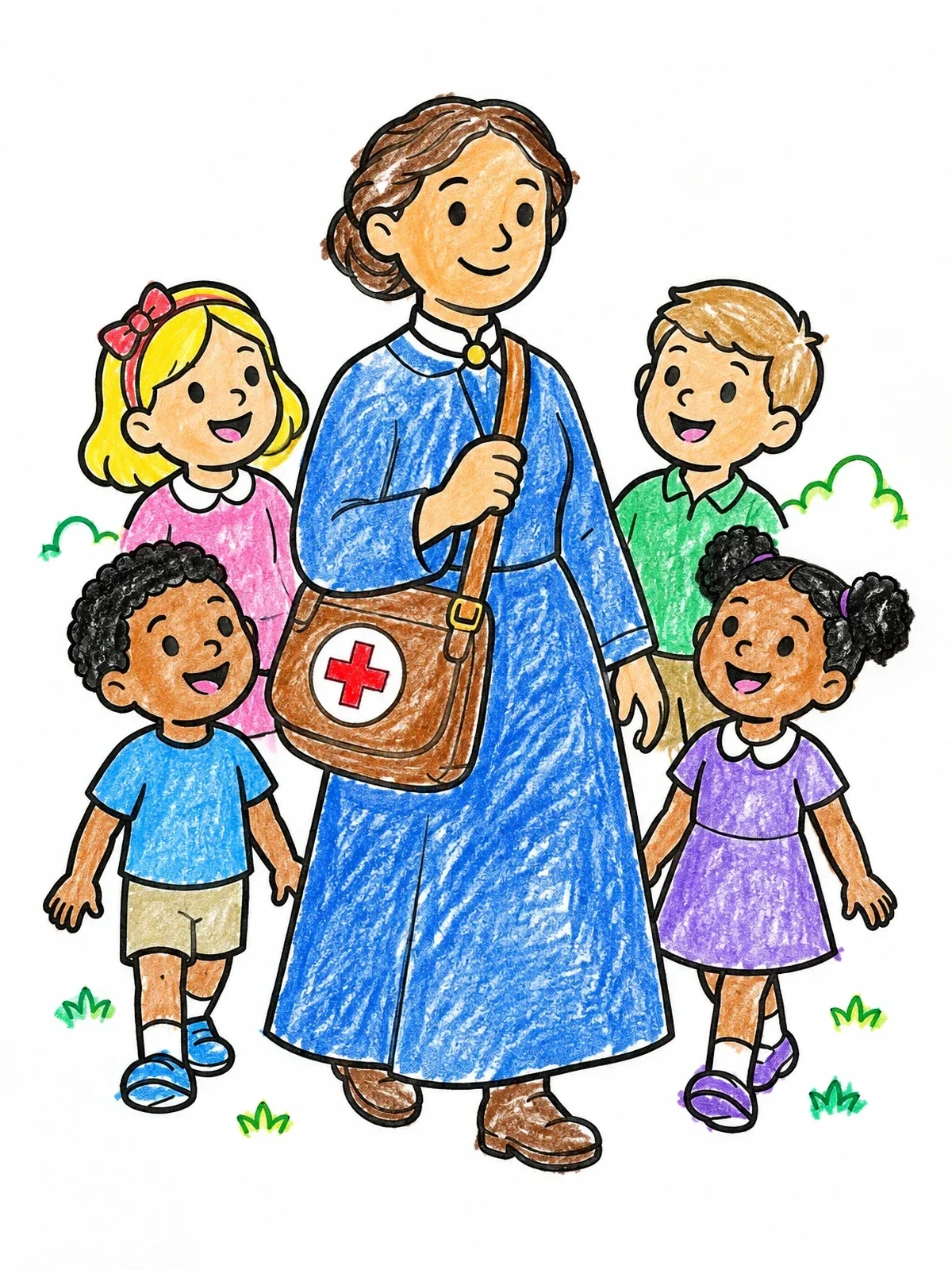 Colored example of the Clara Barton Walking With Children coloring page