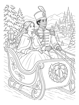 Clara and the prince ride a sleigh in this detailed nutcracker coloring page.