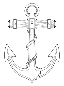 Detailed vintage anchor coloring page with wooden stock and twisted rope.