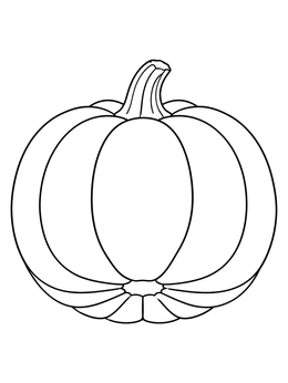 A simple pumpkin coloring page with defined ridges and a curved stem.