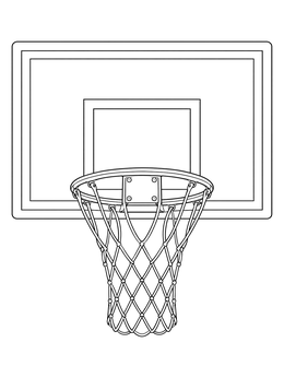 Front view of a basketball hoop coloring page with backboard and net.