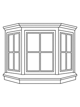 A clear bay window coloring page featuring three angled glass panels and a wide sill.