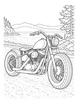 Detailed motorcycle coloring page showing a custom bobber parked along a scenic lake road.